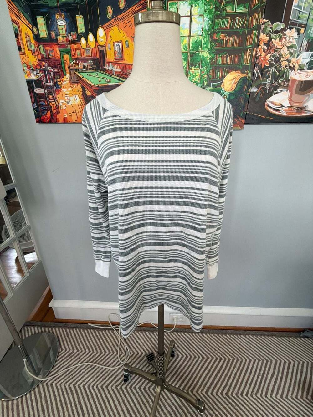 Sundance Grey and White Striped Waffle Knit Thermal Raglan 3/4 Sleeve Top size S